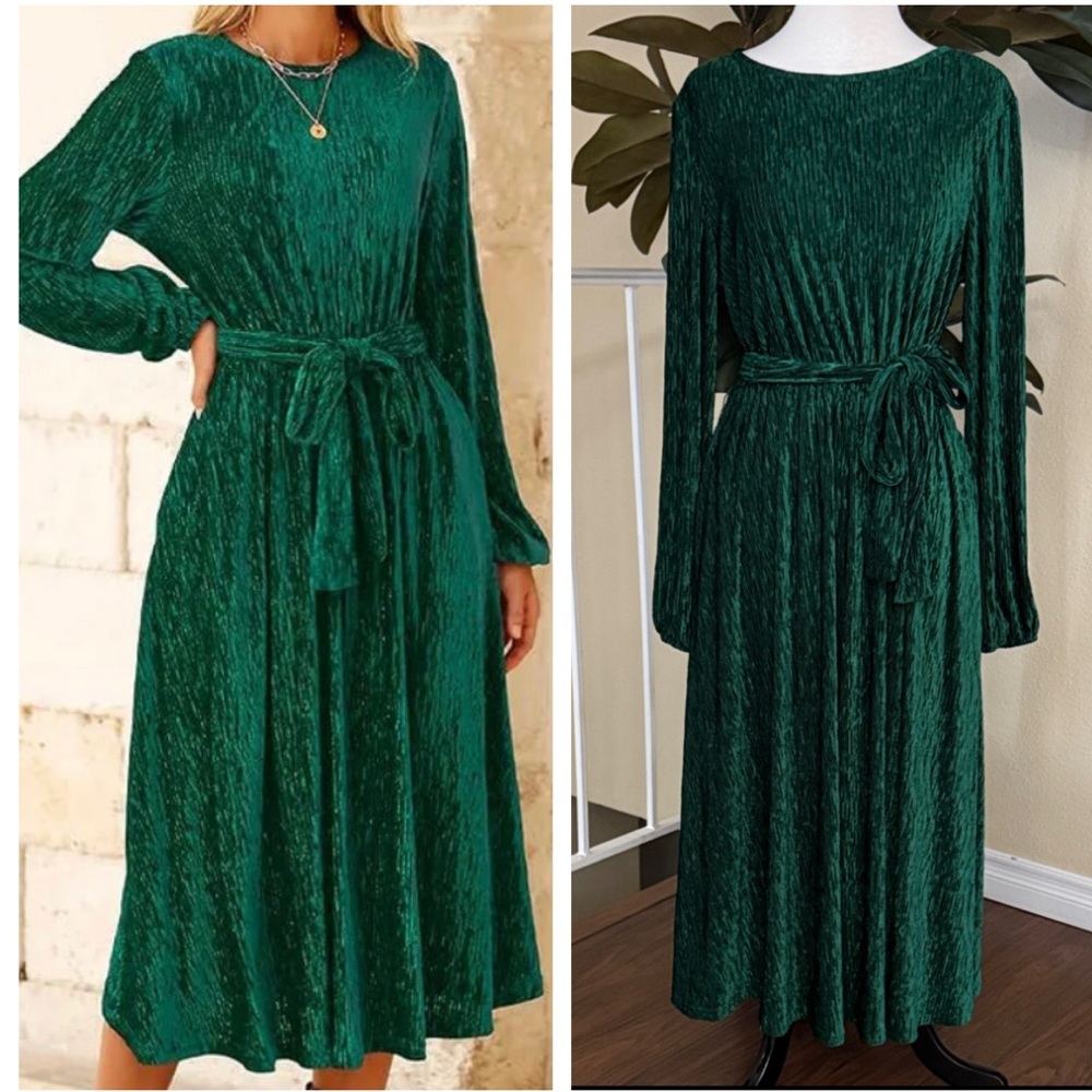 Velvet Green Aline Midi Long Sleeve Elegant Semi Formal Dress Size M